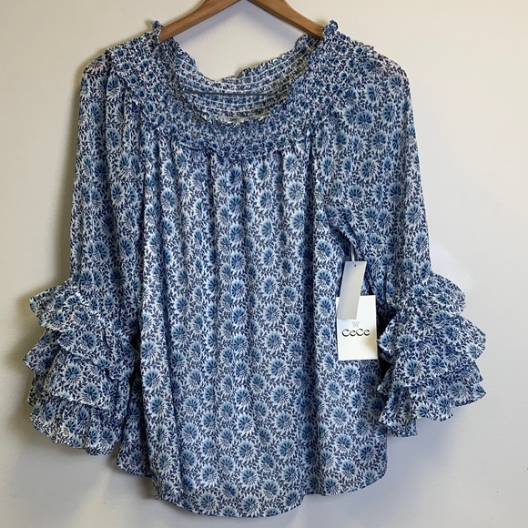 CeCe Ruffled Blue Patterned Blouse - Picture 1 of 6